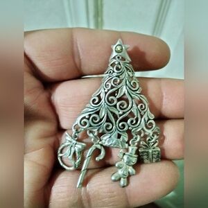 Vintage Jezlaine Sterling Silver Scroll Christmas Tree Dangle Charms Brooch Pin